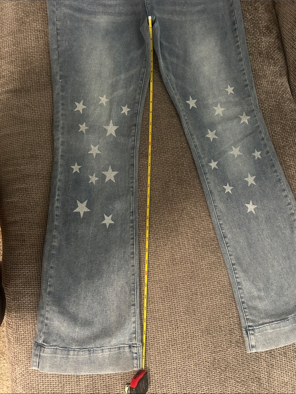 Y2K Star Print Flare Jeans Women’s L Stretch Faded Blue Denim - Picture 7 of 13